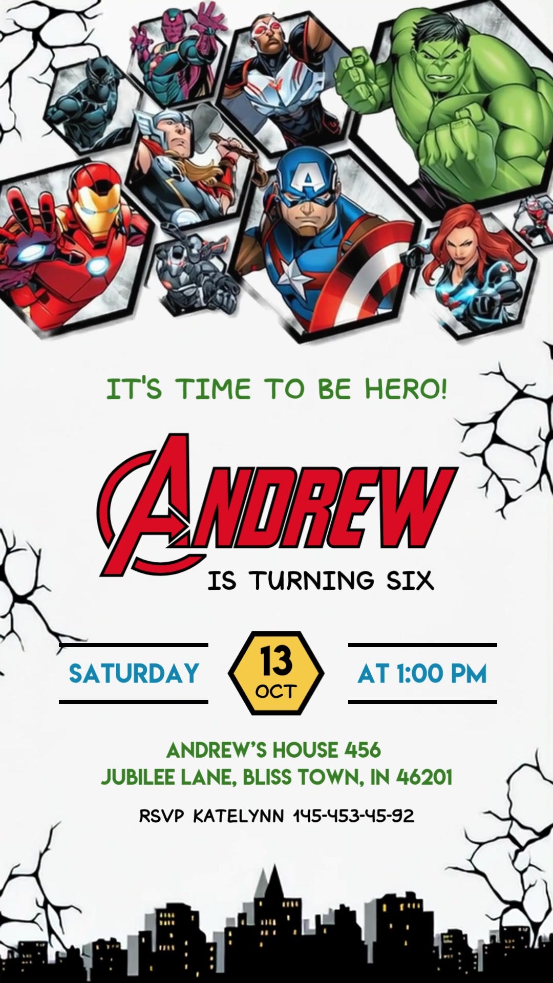 Avengers heroes in polygon frames above a white cracked-wall invitation with black city skyline, red name lettering and a yellow date badge.