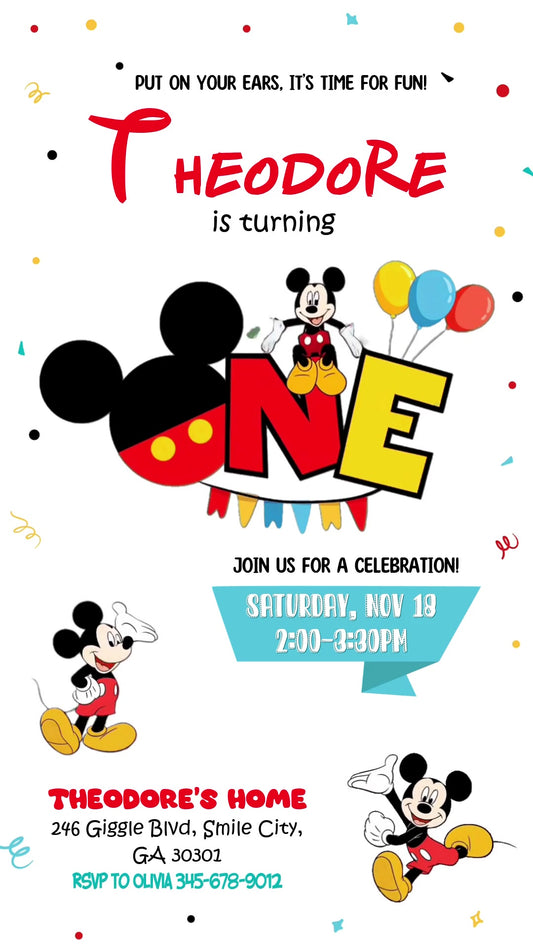 Mickey Mouse Confetti Animated 1st Birthday Invitation | Canva
