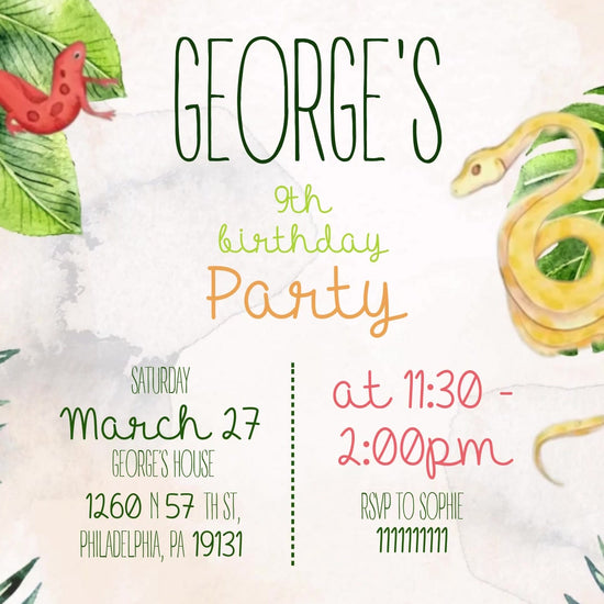 Watercolor-style reptiles and amphibians around a cream invitation with leafy branches, a frog, axolotl, salamander, snake, turtle and crocodile.