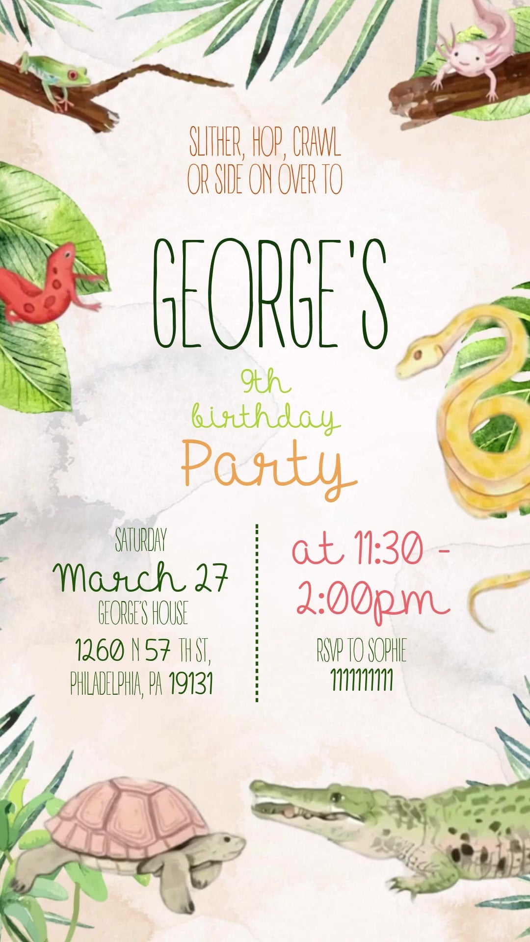 Watercolor-style reptiles and amphibians around a cream invitation with leafy branches, a frog, axolotl, salamander, snake, turtle and crocodile.