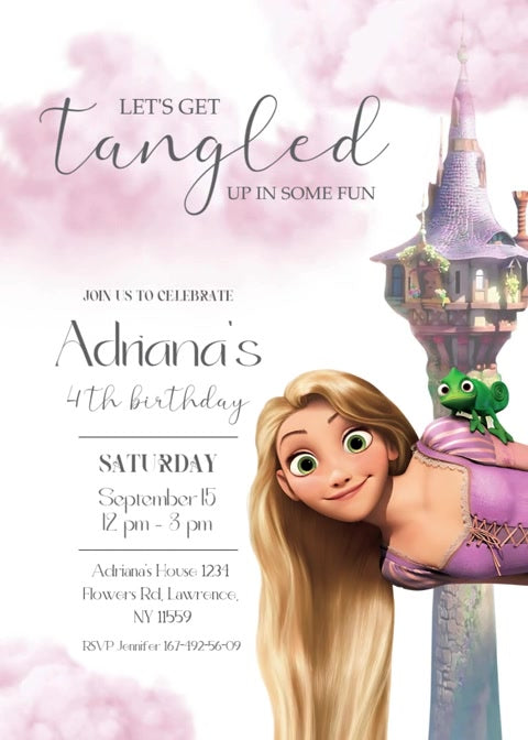Rapunzel and Pascal beside a tall tower on a pink cloud invitation with elegant birthday lettering and a matching animated hearts page.
