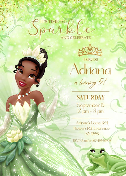 Tiana and a smiling frog on a sparkling green invitation with leafy scrollwork, gold lettering, a princess crown and a matching decorative second page.