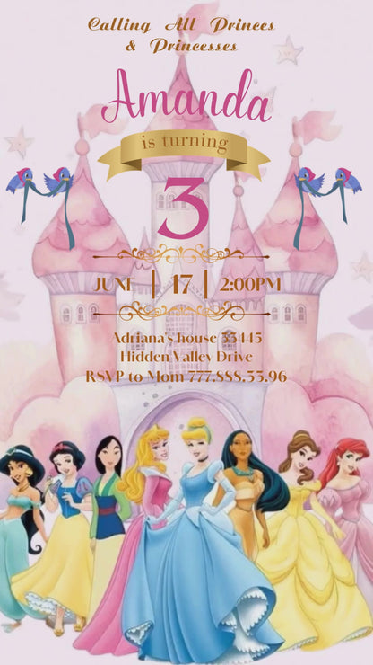 Disney Princess Pink Castle Dance Animated Third Birthday Invitation | Canva
