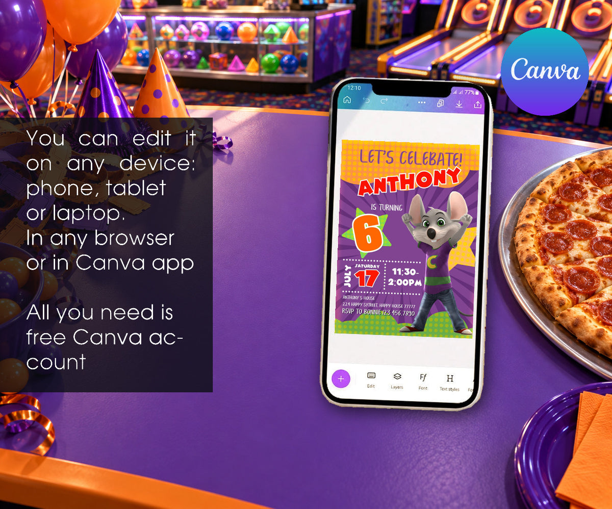 Chuck E. Cheese Invitation mockup