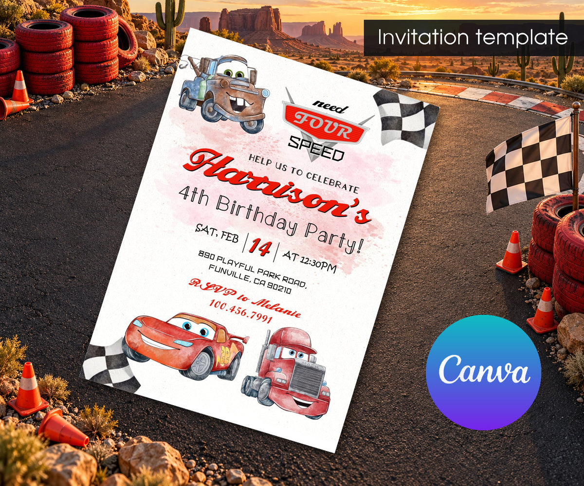 Cars Lightning Mcqueen Four Invitation mockup