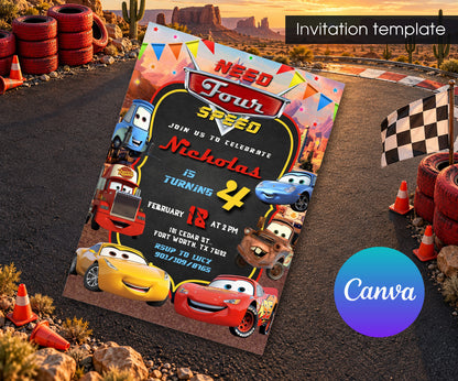 Cars Lightning Mcqueen Four Invitation mockup