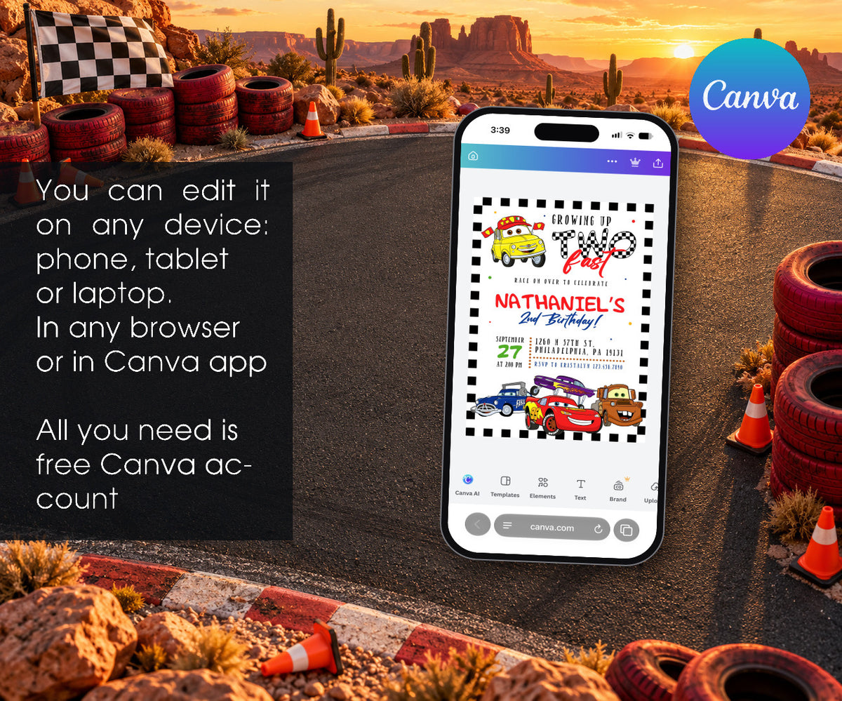 Cars Lightning Mcqueen Two Invitation mockup