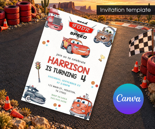 Cars Lightning Mcqueen Four Invitation mockup