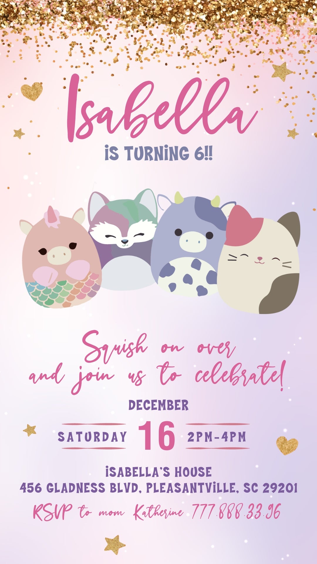 Squishmallows Pink Gold Animated Birthday Invitation | Canva Template