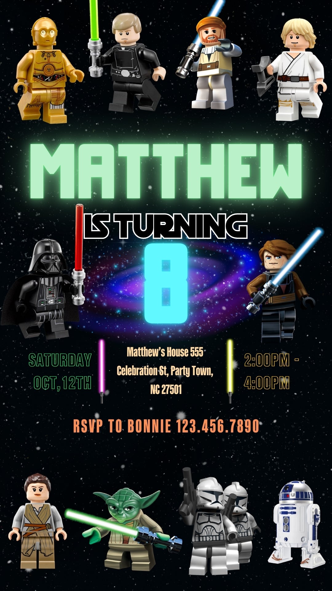 Star Wars Minifigure Galaxy Animated Birthday Invitation | Canva Template