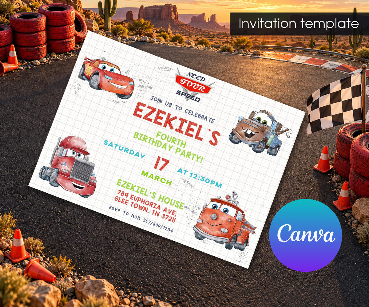 Cars Lightning Mcqueen Four Invitation mockup