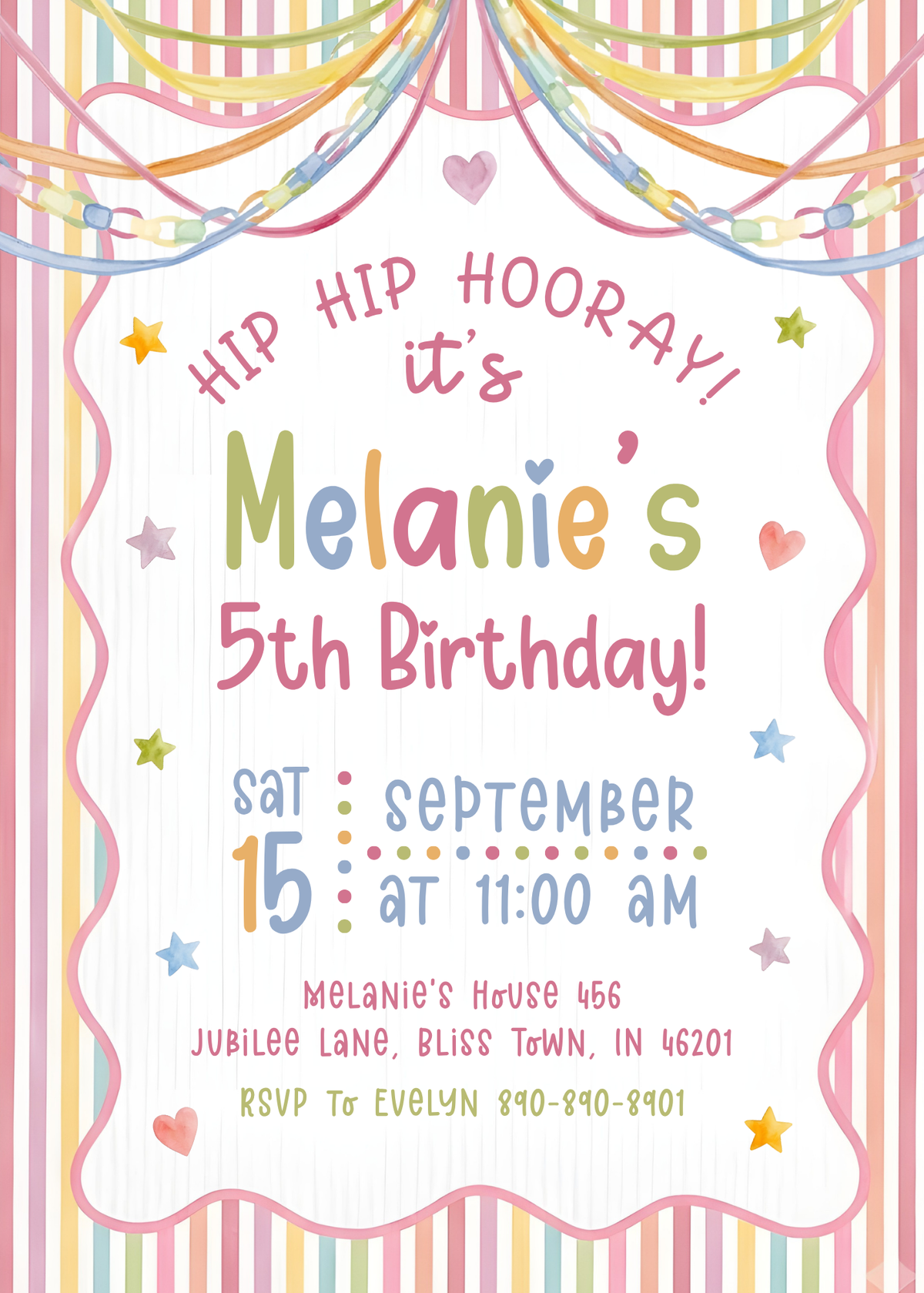 Whimsical Birthday Invitation 03 | Editable Canva Template design preview with sample wording