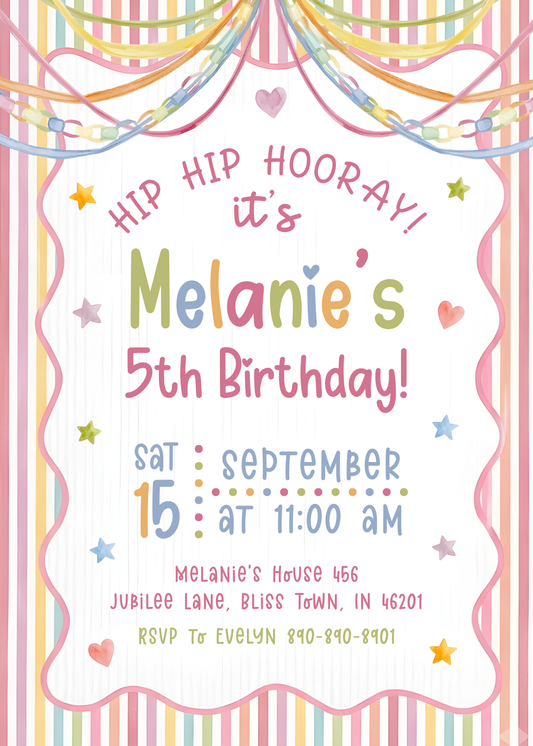 Whimsical Birthday Invitation 03 | Editable Canva Template design preview with sample wording