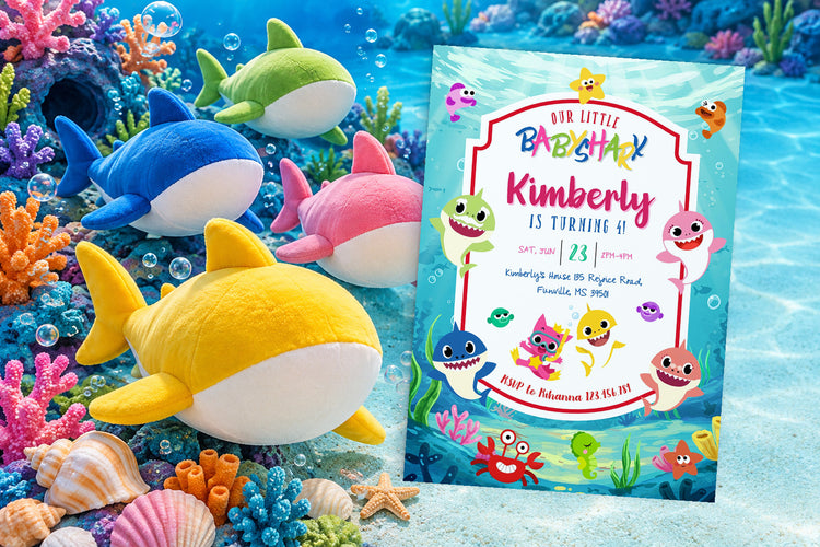 Baby Shark birthday invitation on a Baby Shark themed party table