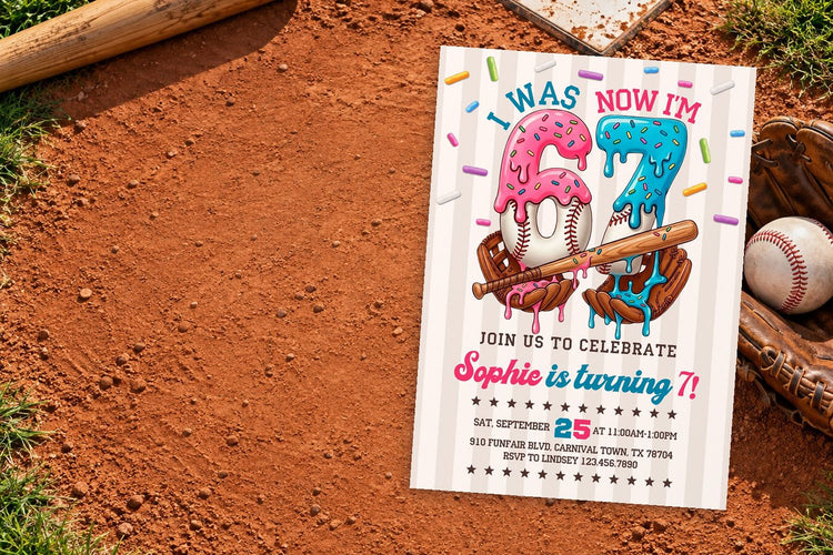 Baseball birthday invitation on a Baseball themed party table
