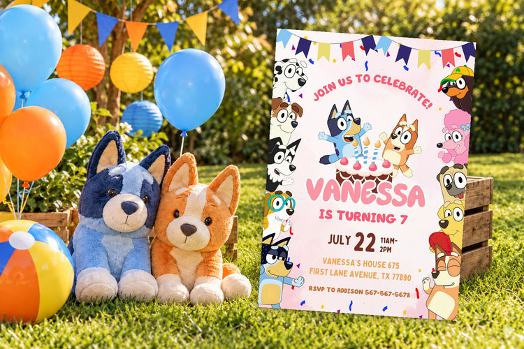 Bluey birthday invitation on a Bluey themed party table
