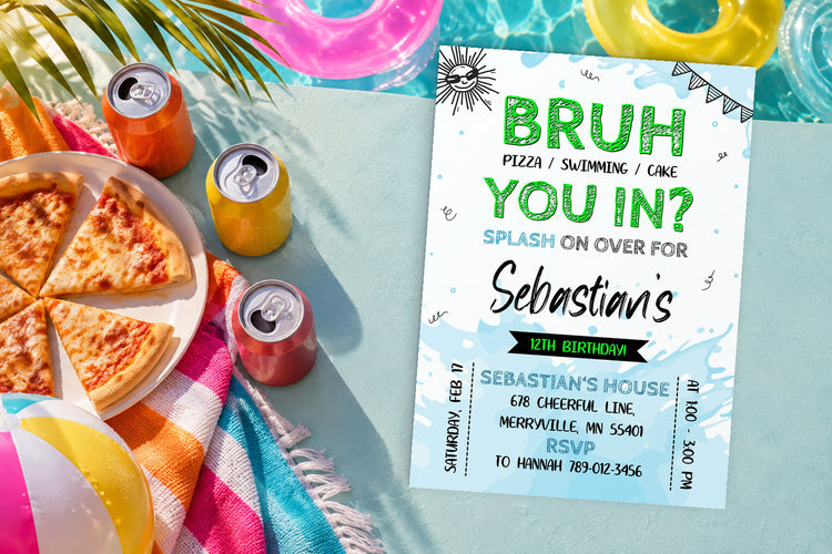 Bruh birthday invitation on a Bruh themed party table