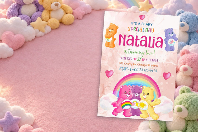 Care Bears birthday invitation on a Care Bears themed party table