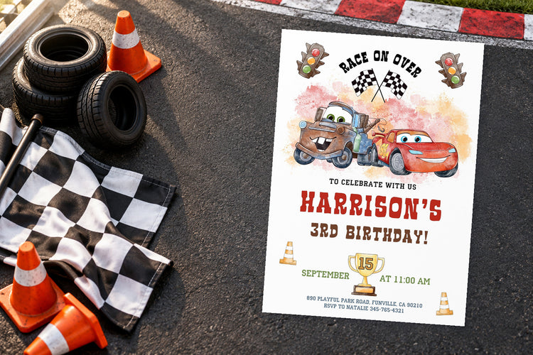 Cars birthday invitation on a Cars themed party table
