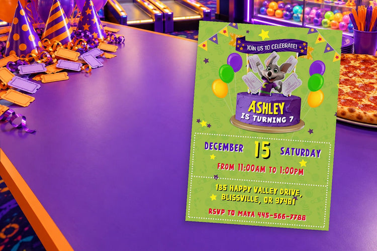 Chuck E. Cheese birthday invitation on a Chuck E. Cheese themed party table
