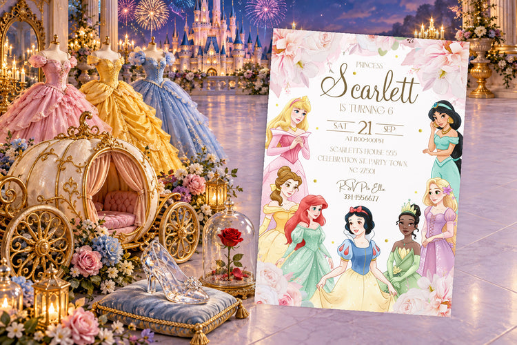 Disney Princess birthday invitation on a Disney Princess themed party table