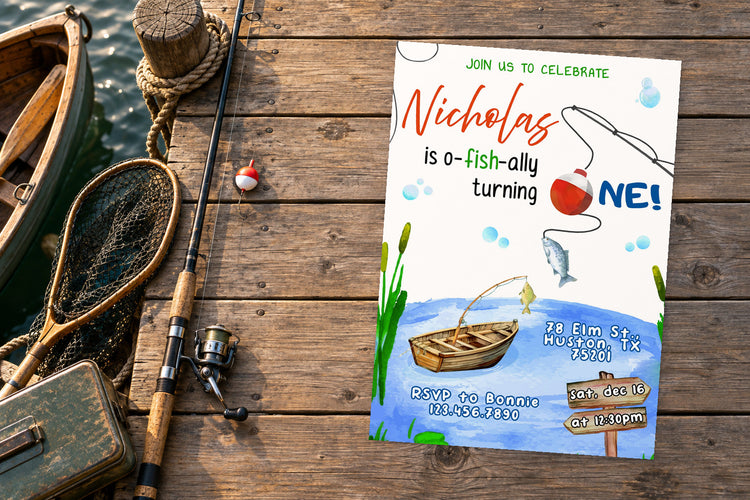 Fishing birthday invitation on a Fishing themed party table