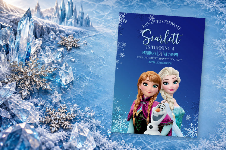 Frozen birthday invitation on a Frozen themed party table