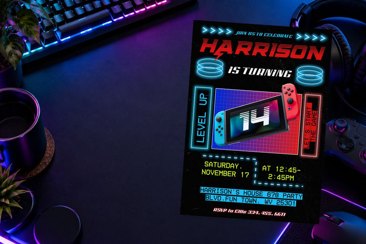 Gamer birthday invitation on a Gamer themed party table