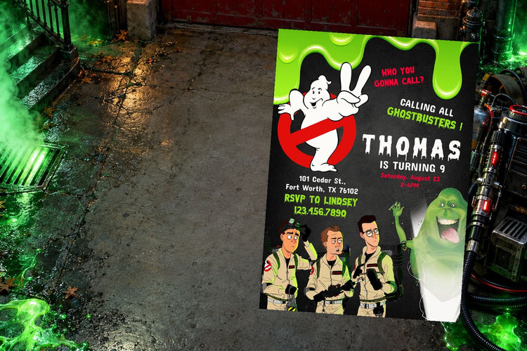 Ghostbusters birthday invitation on a Ghostbusters themed party table