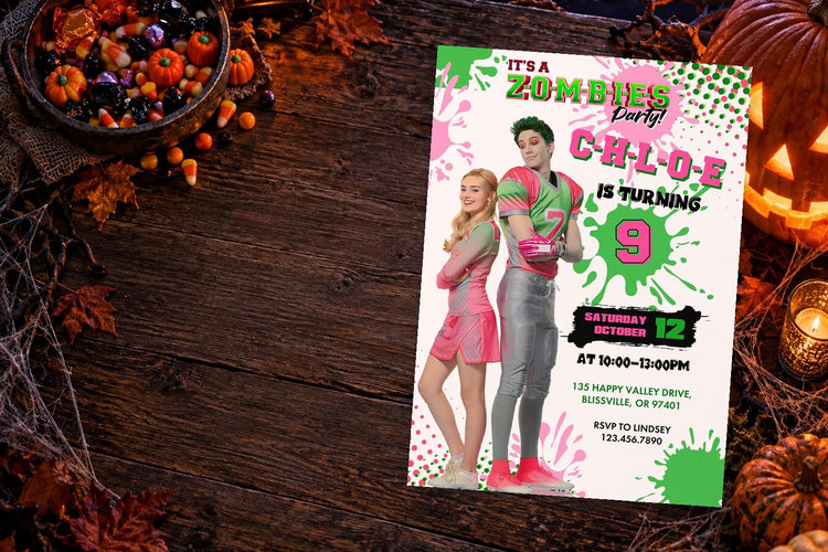 Halloween birthday invitation on a Halloween themed party table