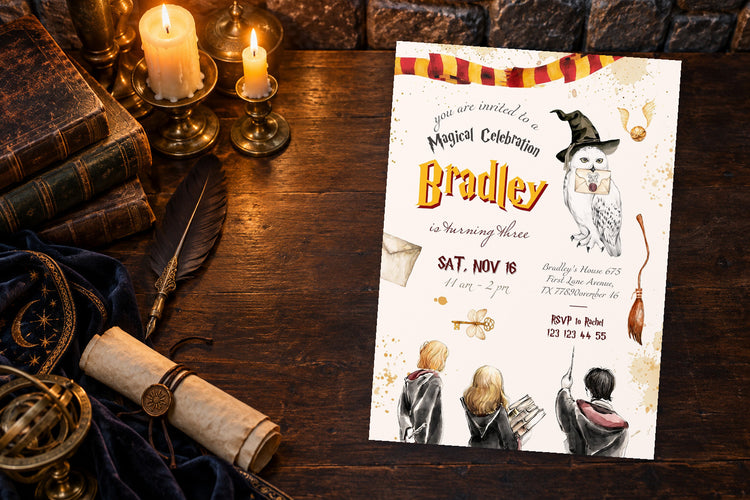 Harry Potter birthday invitation on a Harry Potter themed party table