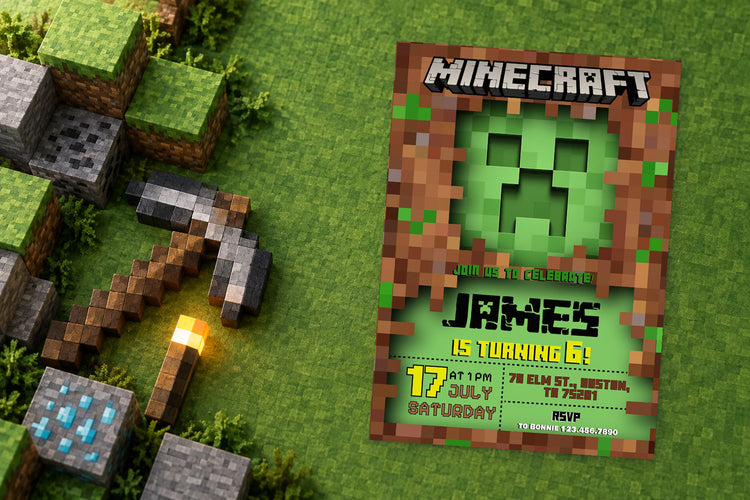 Minecraft birthday invitation on a Minecraft themed party table