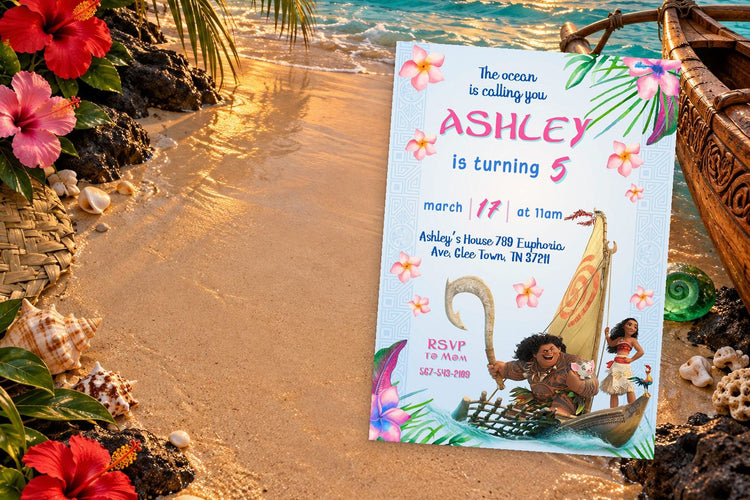 Moana birthday invitation on a Moana themed party table