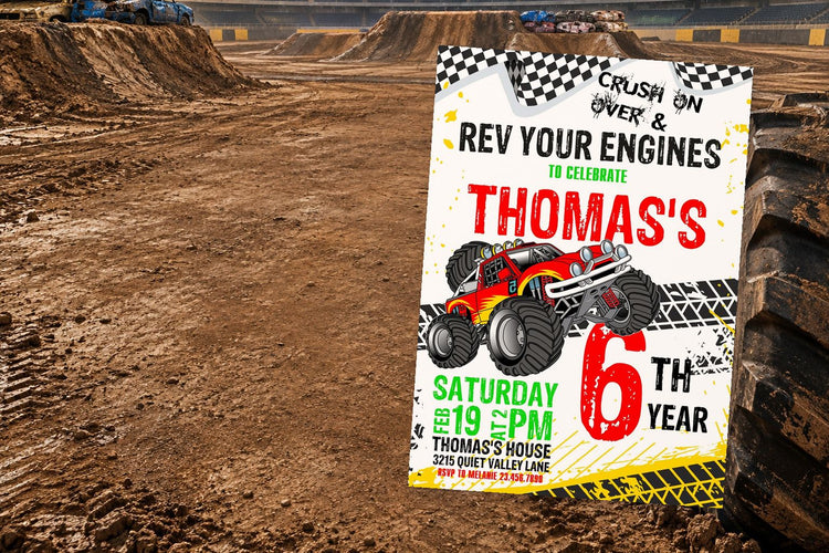 Monster Trucks birthday invitation on a Monster Trucks themed party table