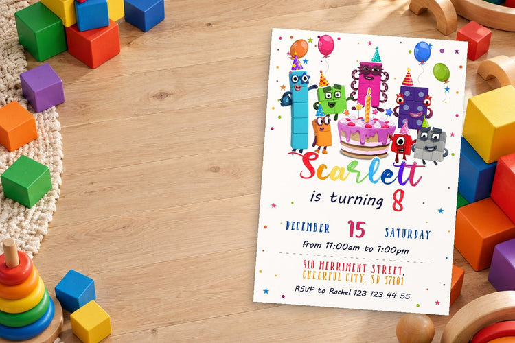 Numberblocks birthday invitation on a Numberblocks themed party table