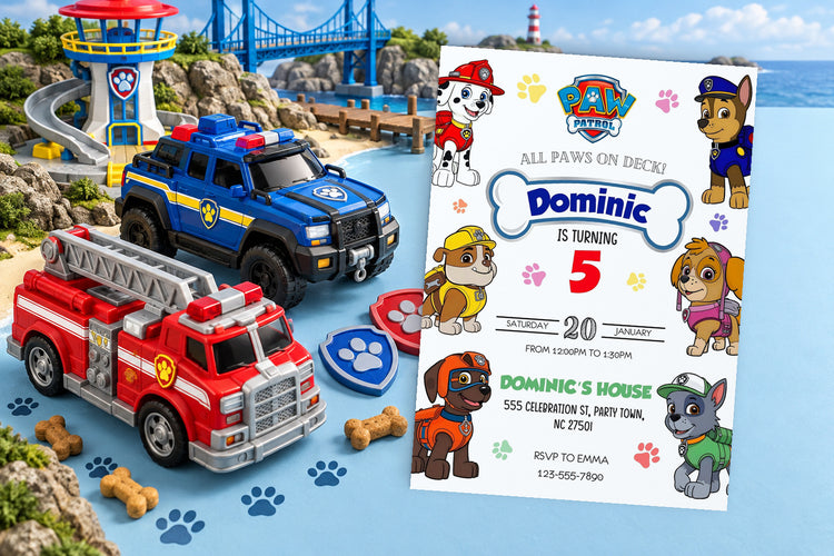 PAW Patrol birthday invitation on a PAW Patrol themed party table