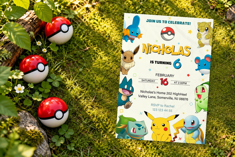 Pokémon birthday invitation on a Pokémon themed party table