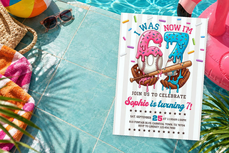 Pool Party birthday invitation on a Pool Party themed party table