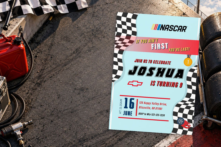 NASCAR birthday invitation on a NASCAR themed party table