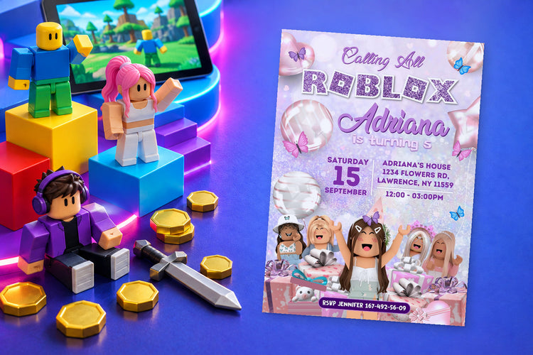 Roblox birthday invitation on a Roblox themed party table