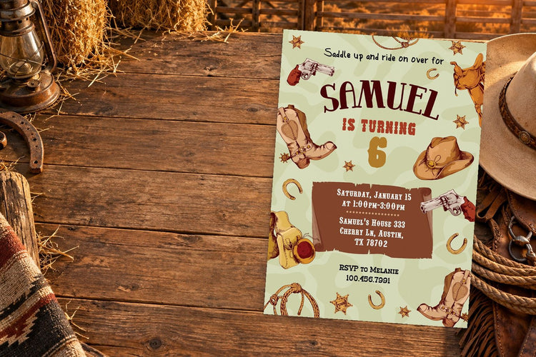 Rodeo & Cowboy birthday invitation on a Rodeo & Cowboy themed party table