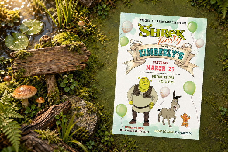 Shrek birthday invitation on a Shrek themed party table