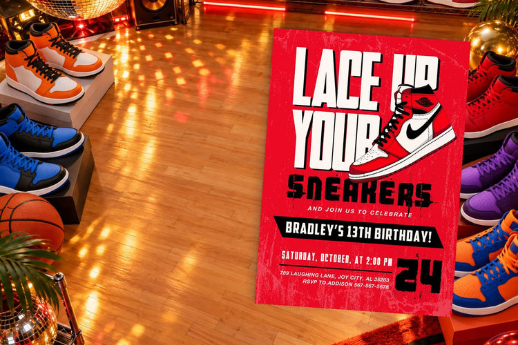Sneakers birthday invitation on a Sneakers themed party table