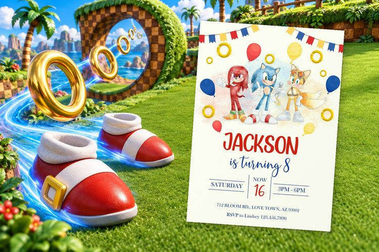 Sonic birthday invitation on a Sonic themed party table