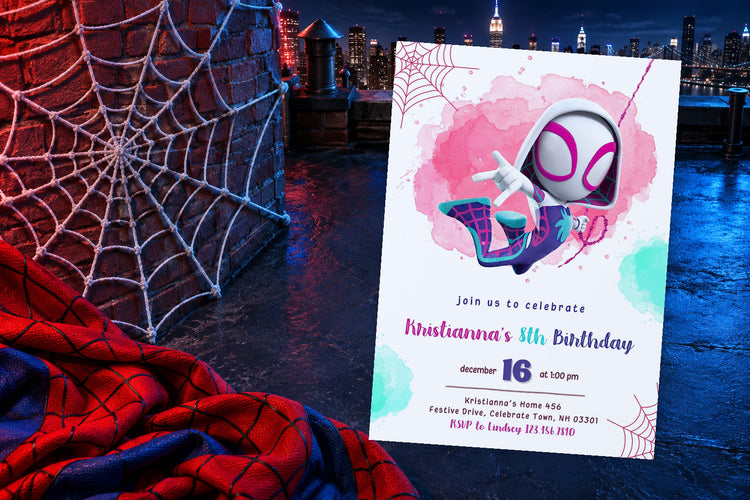 Spider-Man birthday invitation on a Spider-Man themed party table