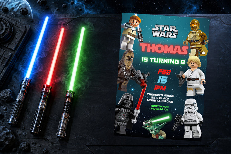 Star Wars birthday invitation on a Star Wars themed party table