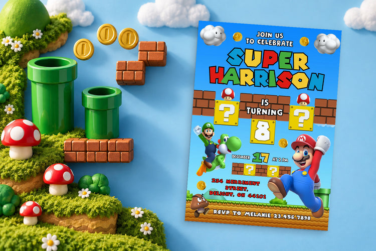 Super Mario birthday invitation on a Super Mario themed party table