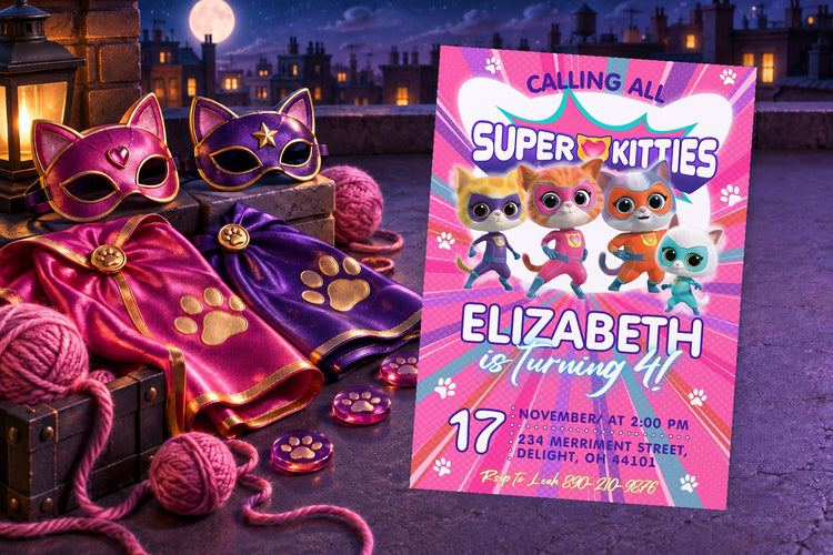 SuperKitties birthday invitation on a SuperKitties themed party table