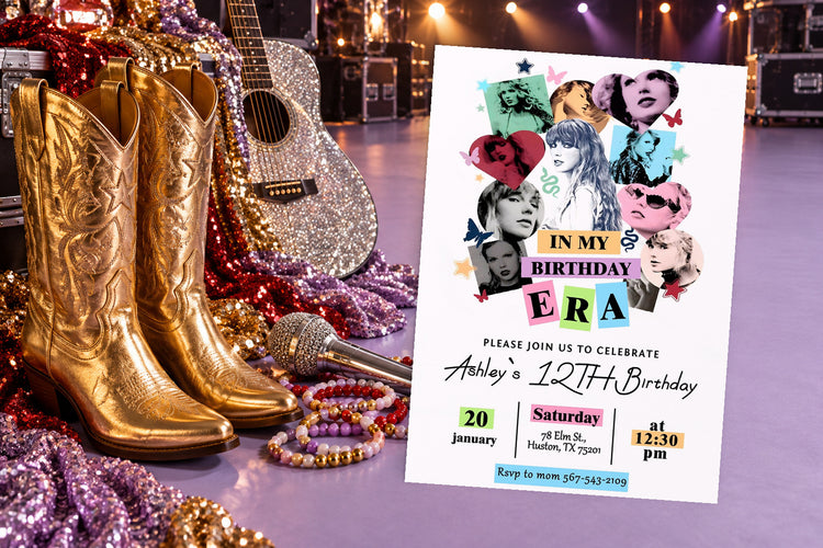 Taylor Swift birthday invitation on a Taylor Swift themed party table