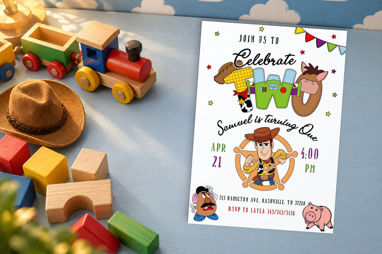 Toy Story birthday invitation on a Toy Story themed party table